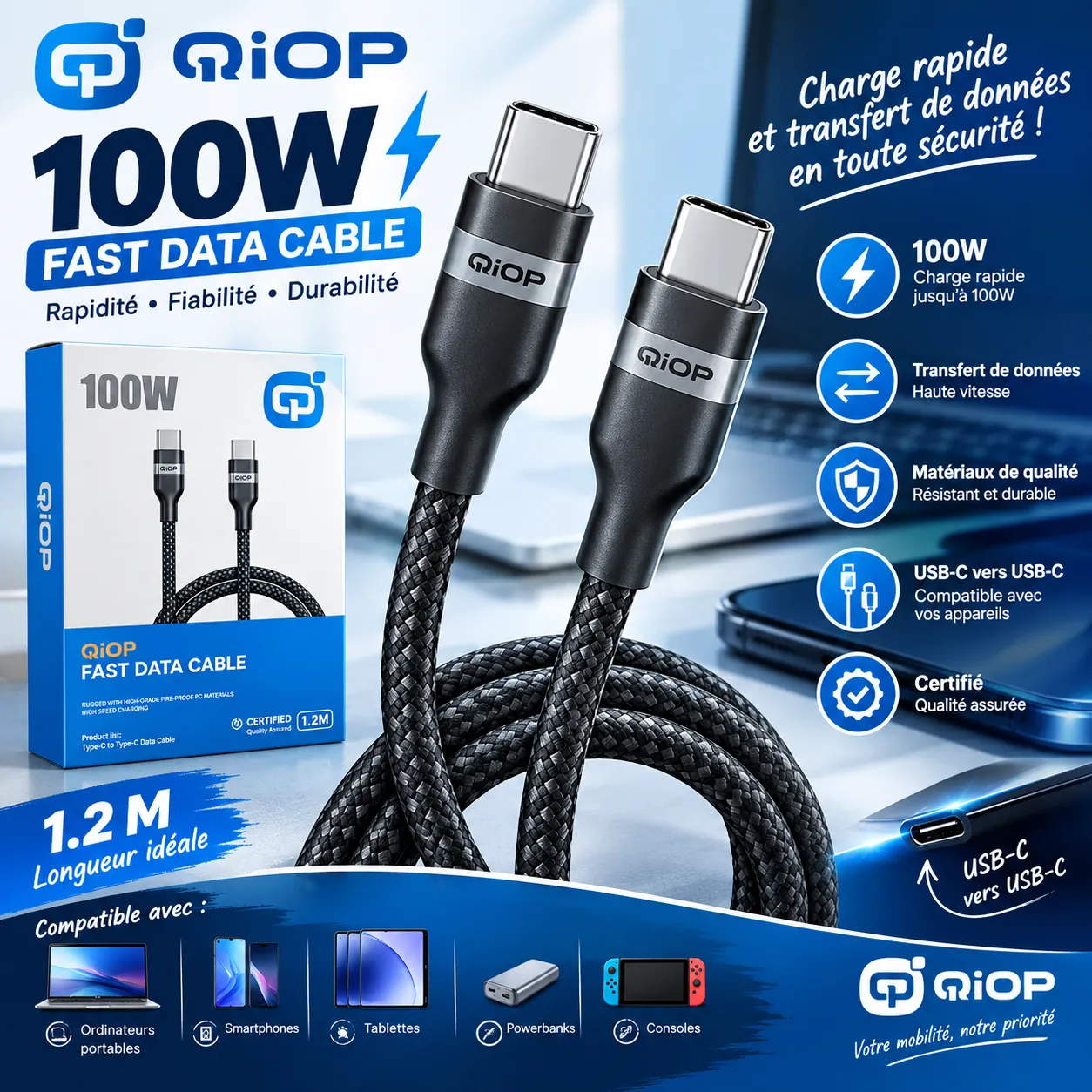 Le câble USB-C vers USB-C QiOP 100W est un accessoire de charge ultra-rapide