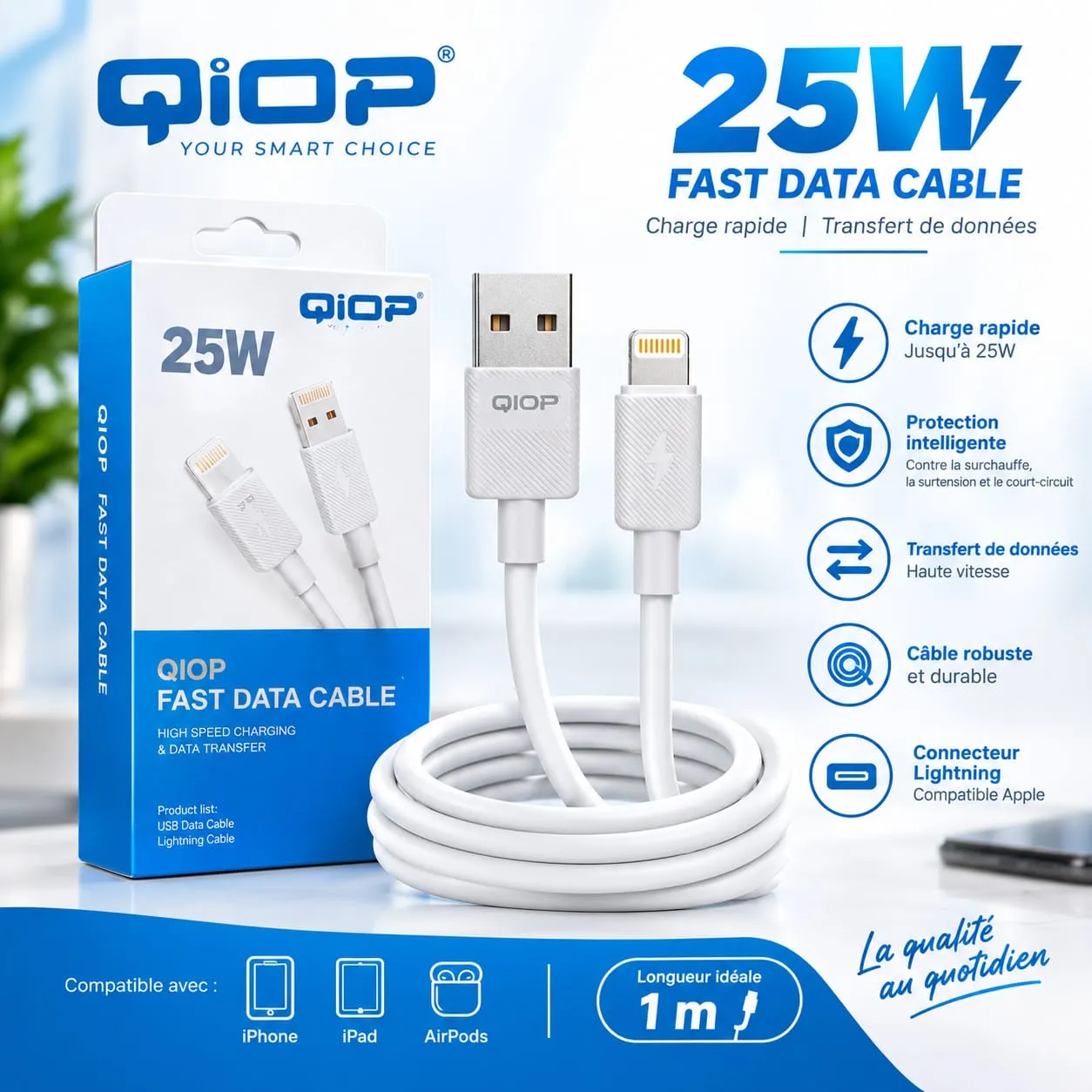 Câble de Charge Rapide QiOP 25W USB vers Lightning (1m)