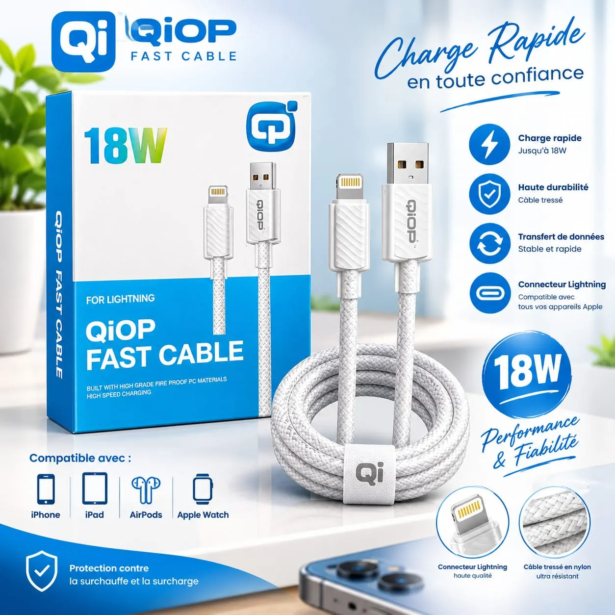 Câble Lightning 18W QiOP Fast Cable – Câble Tressé en Nylon Charge Rapide Apple