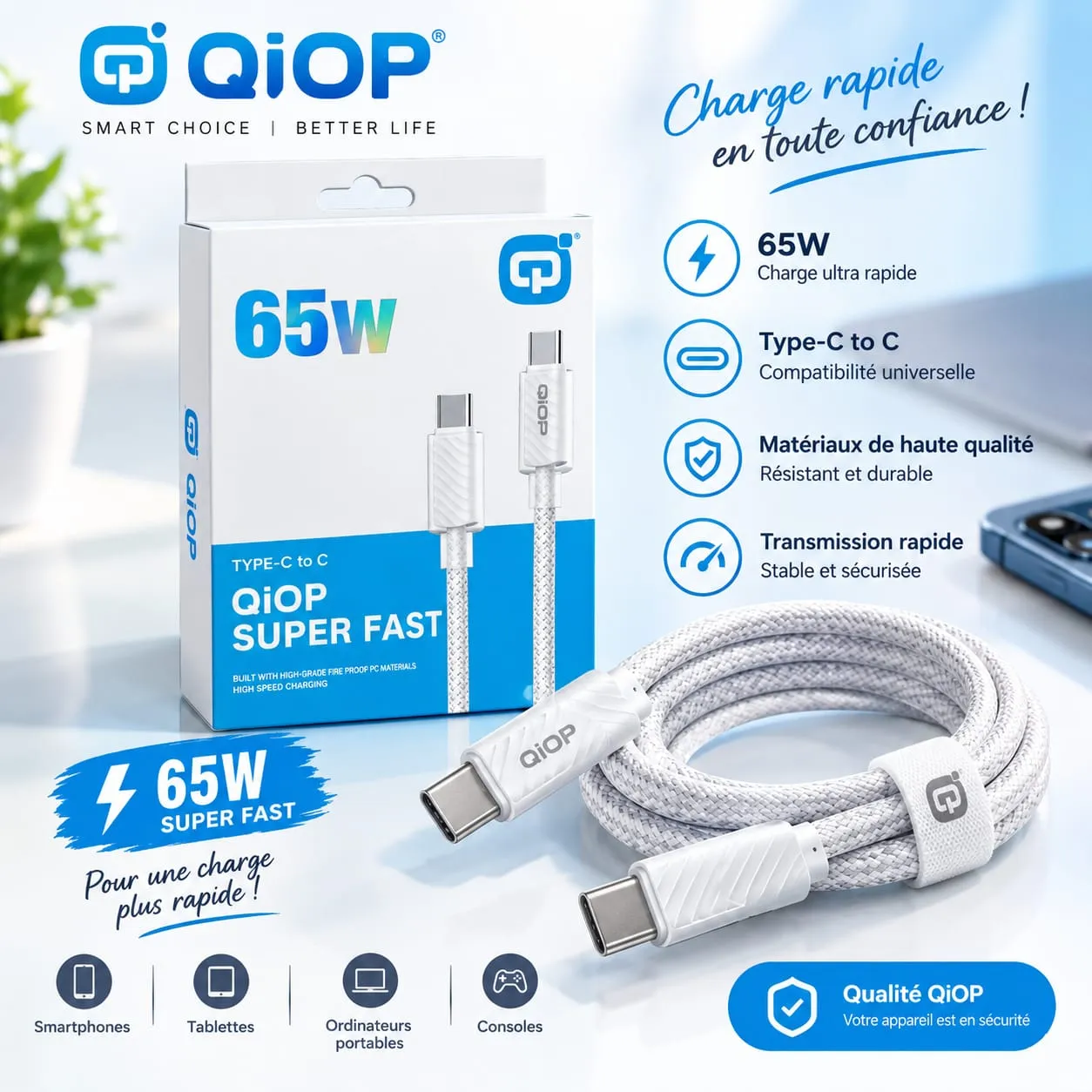 Câble USB-C vers USB-C 65W QiOP Super Fast – Câble Tressé de Charge Ultra Rapide