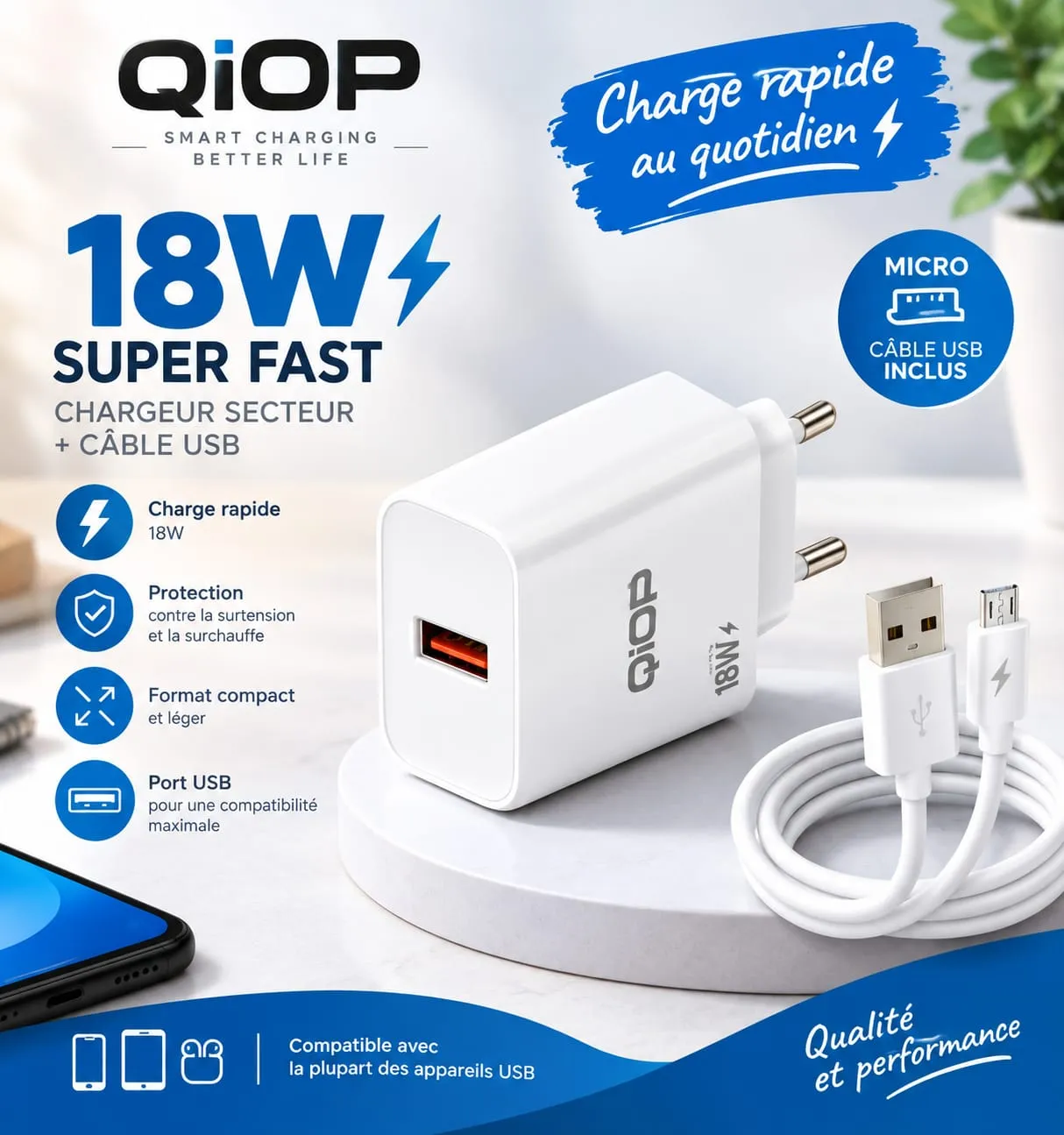 Chargeur Secteur 18W QiOP Super Fast – Bloc Prise USB + Câble Micro-USB Inclus