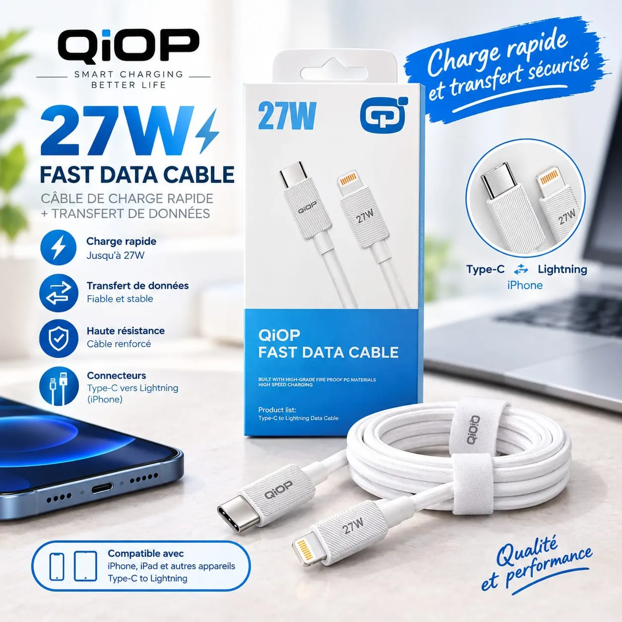 Câble USB-C vers Lightning 27W QiOP Fast Data Cable – Charge Rapide Apple Renforcé