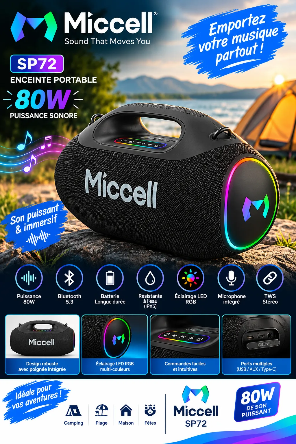 Enceinte Bluetooth Portable Puissante Miccell VQ-SP72 – 80W
