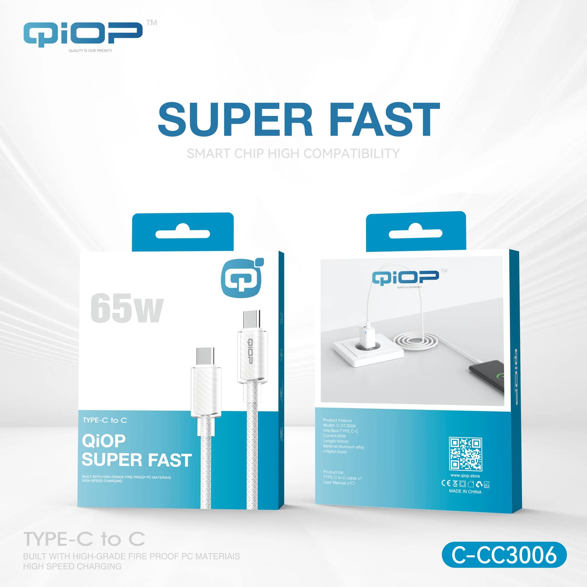 CABLE CHARGEUR C TO C 65W QIOP C-CC3006